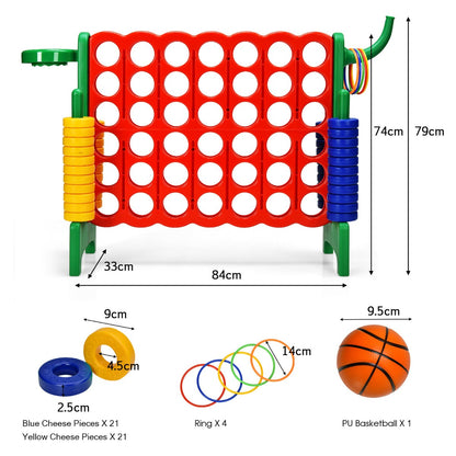 The lawn game with dimensions and included pieces shown