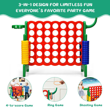 Three game modes for the lawn game: connect four, ring toss, and shooting