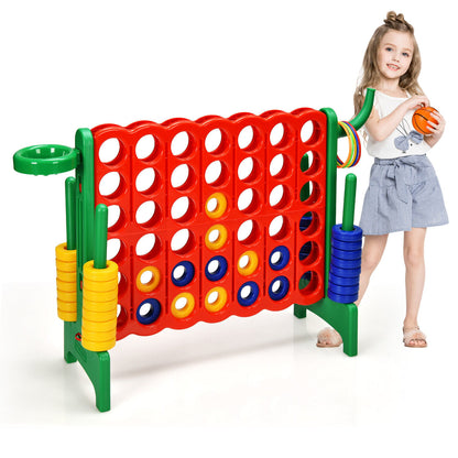 Giant Connect 4 Game Jumbo with 42 Rings standing on a white background with a girl holding a basketball