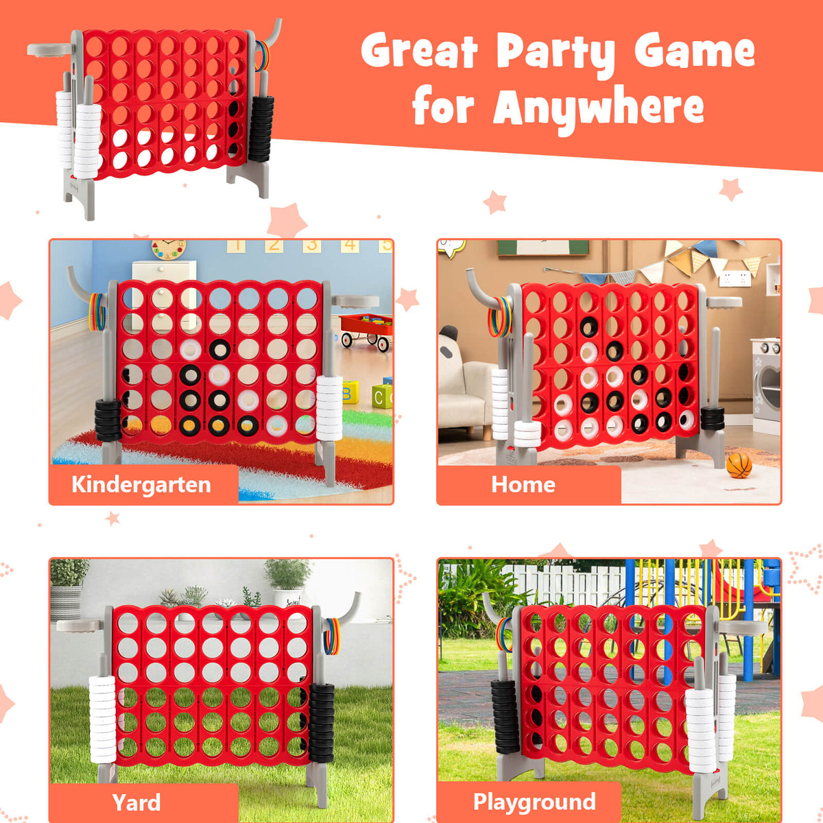 The giant Connect 4 game shown in four different settings for play
