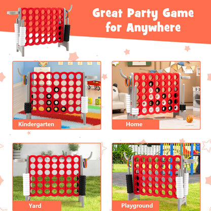 The giant Connect 4 game shown in four different settings for play