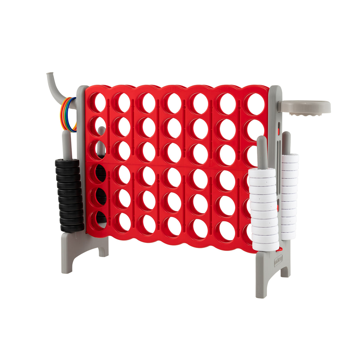 The large red and grey Connect 4 game set with rings stacked on the side