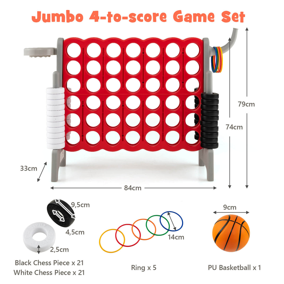 Dimensions and included pieces for the jumbo Connect 4 game set