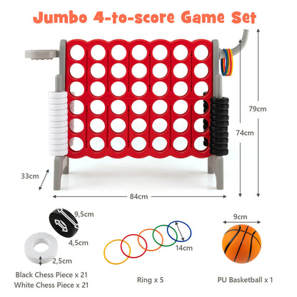 Dimensions and included pieces for the jumbo Connect 4 game set