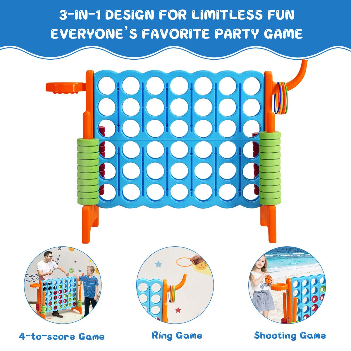 The lawn game is displayed with three circular insets showing different ways to play the game