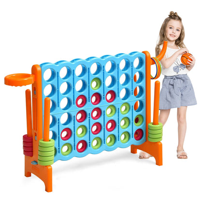 Giant Connect 4 Game Jumbo with 42 Rings stands beside a young girl holding a small basketball