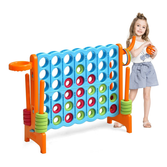 Giant Connect 4 Game Jumbo with 42 Rings stands beside a young girl holding a small basketball
