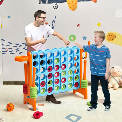 The lawn game is being played by a man and a young boy in a brightly decorated playroom