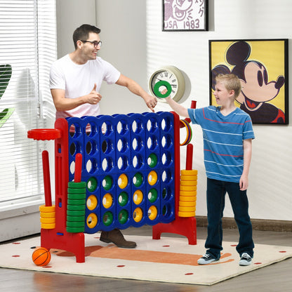 A man and a boy playing with the lawn game on a rug in a bright living room