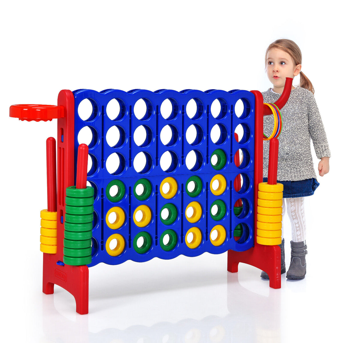 Giant Connect 4 Game Jumbo with 42 Rings standing on a white floor next to a young girl