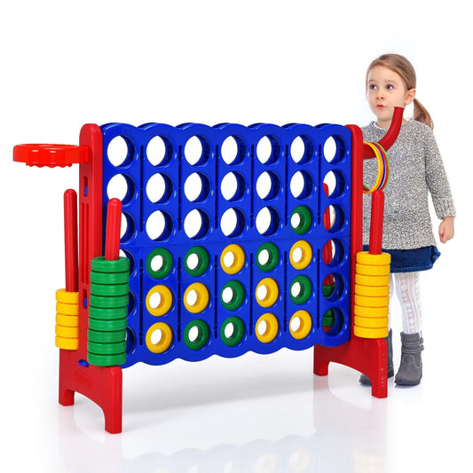 Giant Connect 4 Game Jumbo with 42 Rings standing on a white floor next to a young girl