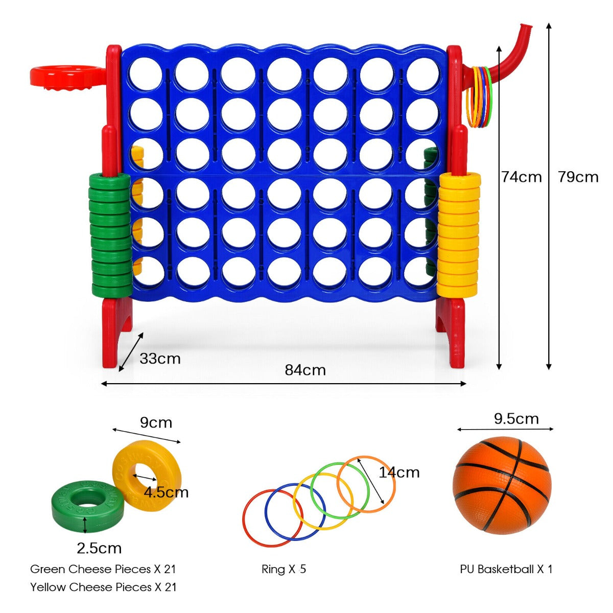 The lawn game with labels showing dimensions and all included accessory pieces