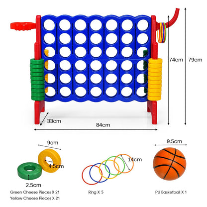 The lawn game with labels showing dimensions and all included accessory pieces