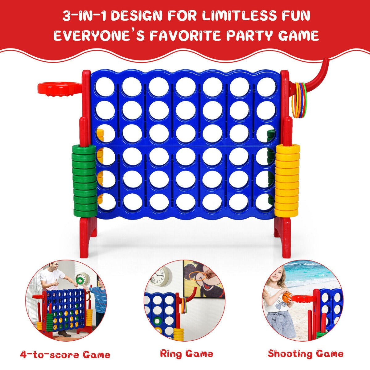 The lawn game shown with three circular insets demonstrating different ways to play