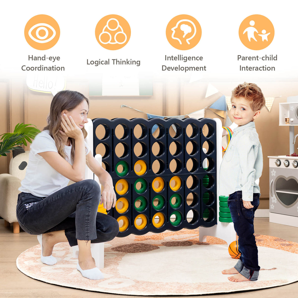A woman and child playing the lawn game indoors