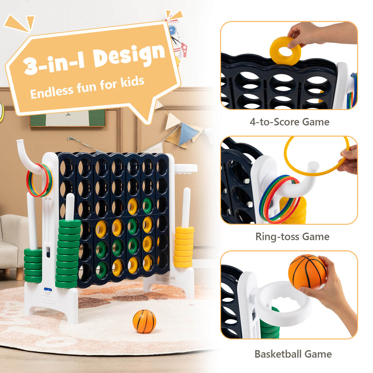 The lawn game set up for three different games: connect four, ring toss, and basketball