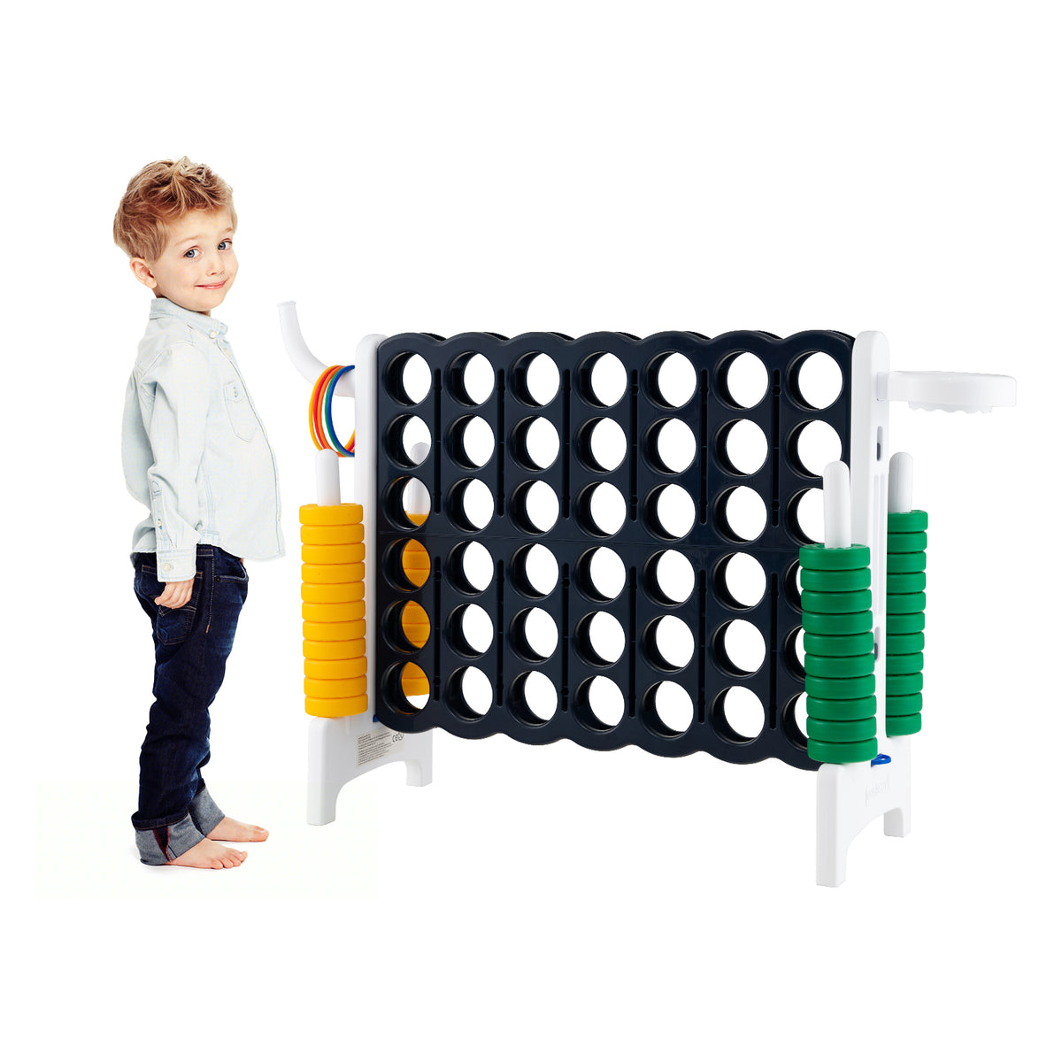 Giant Connect 4 Game Jumbo with 42 Rings standing next to a young boy