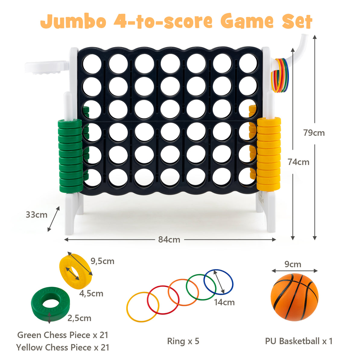 The jumbo lawn game with dimensions and included accessories like rings and a basketball