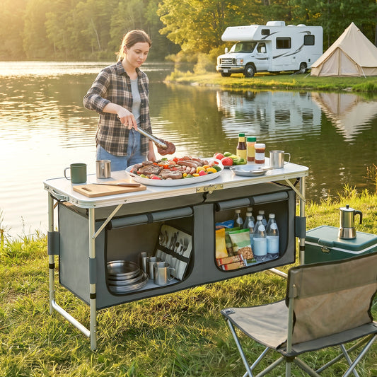 Outsunny 4ft Folding Camping Cupboard Kitchen in Coffee and Black
