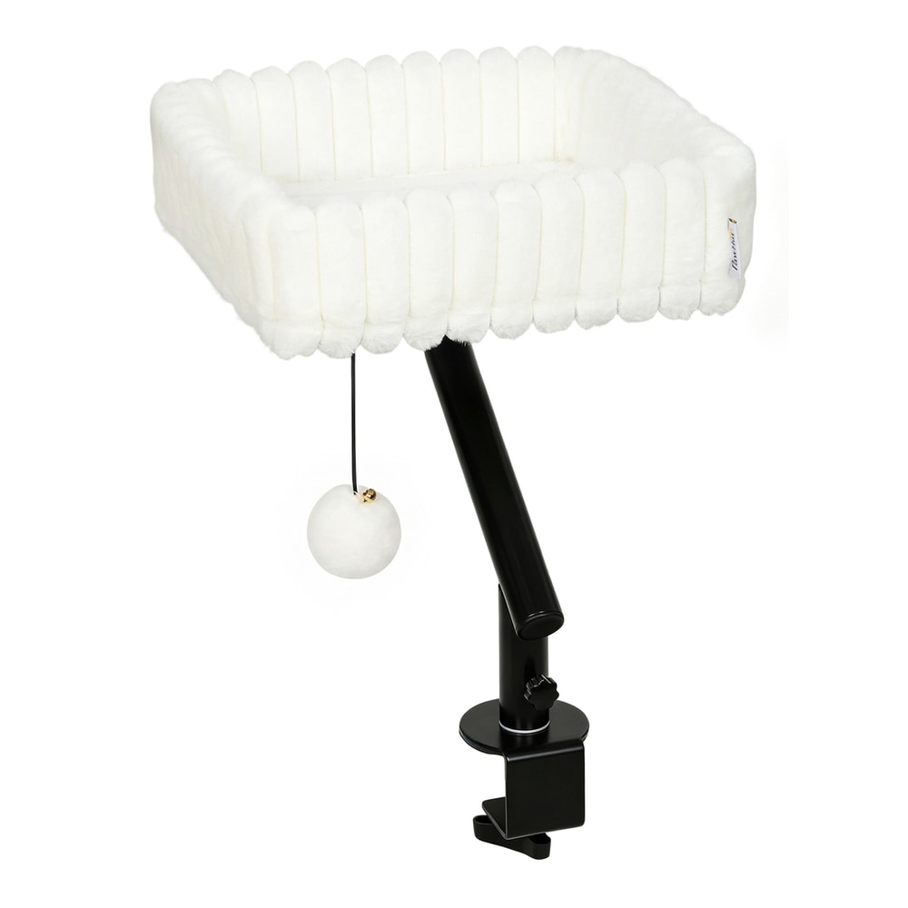 PawHut Cat Desk Bed, Rotatable Raised Cat House for Desk, Window, Soft Kitten Hammock with Hanging Ball, White