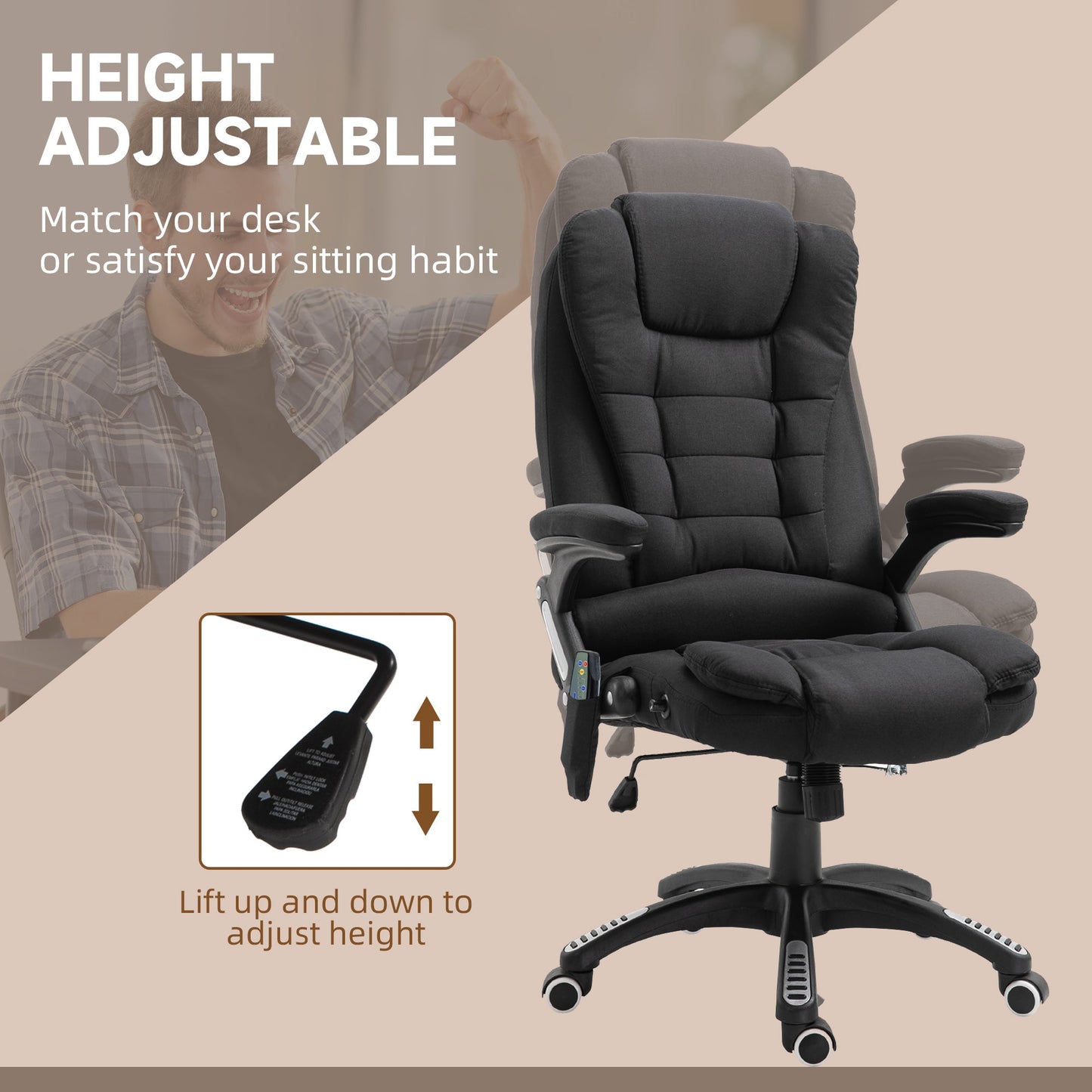 Vinsetto Massage Recliner Chair Heated Office Chair with Six Massage Points Linen-Feel Fabric 360 degrees Swivel Wheels Black
