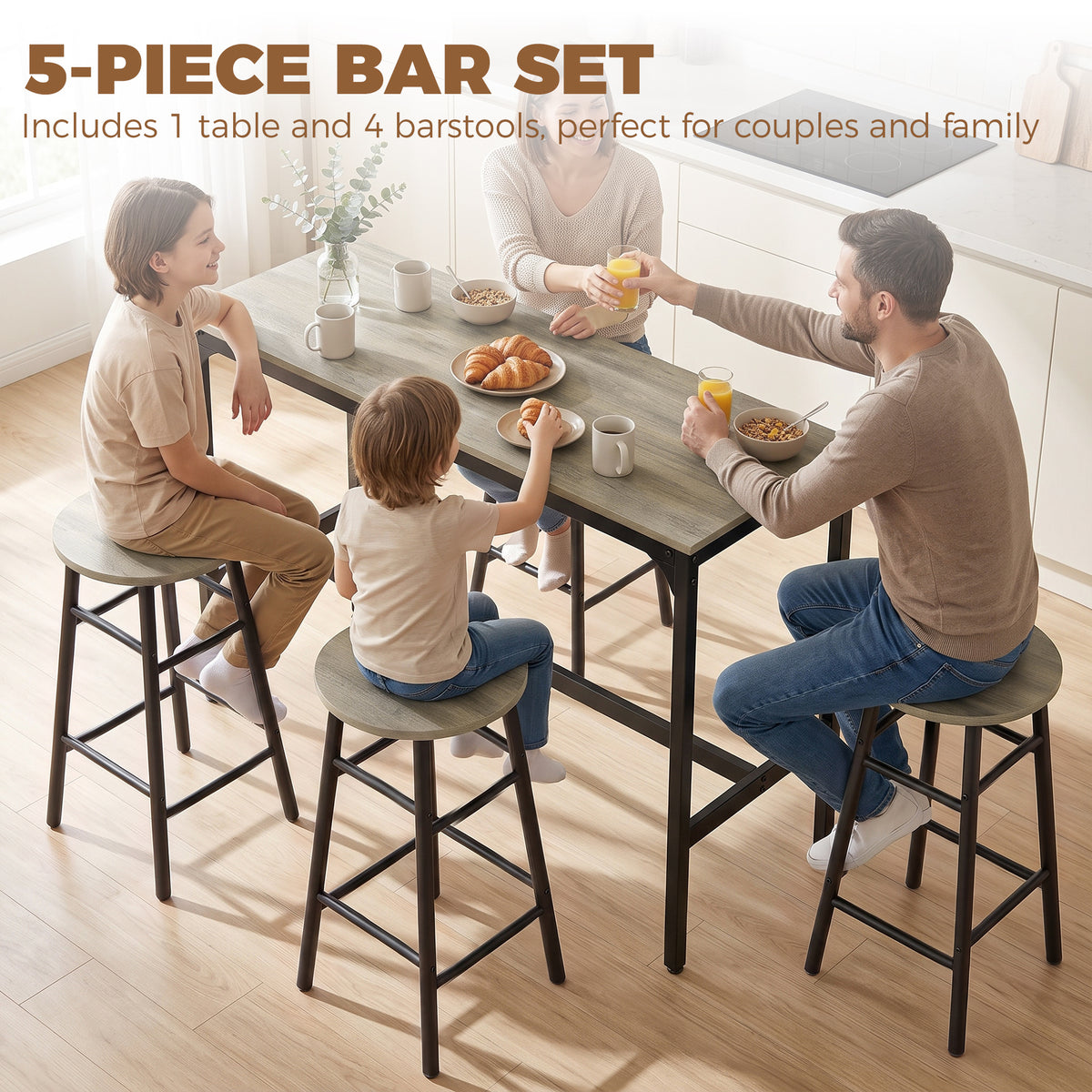 HOMCOM 5 Piece Bar Table Set with 4 Stools in Grey Wood Effect