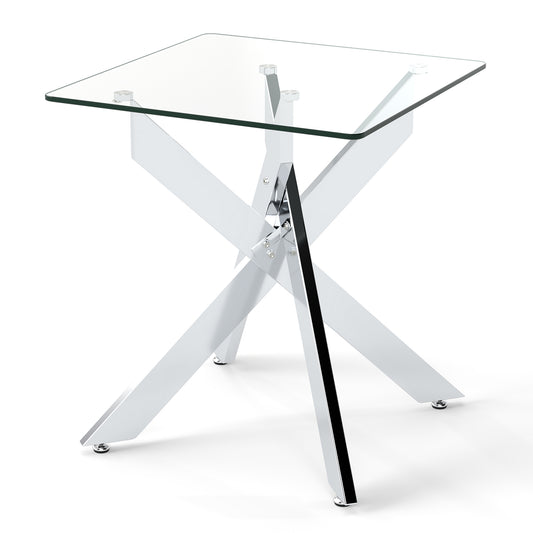 Glass Side Table with a clear square top and a silver metal X-shaped base