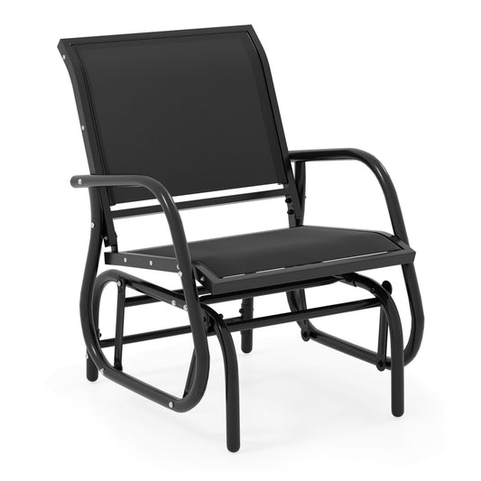 Glider Rocking Garden Chair, a black metal frame chair with a mesh seat and back