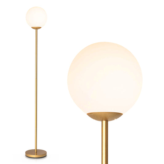 Globe Lamp Cover Floor Lamp with Acrylic Lampshade-Golden, a modern floor lamp with a golden stem and a white globe shade
