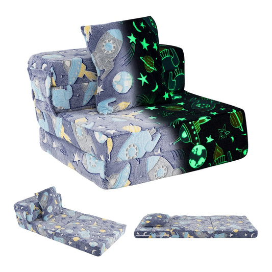 Glow In the Dark Kids Couch with a navy blue space-themed pattern that glows in the dark