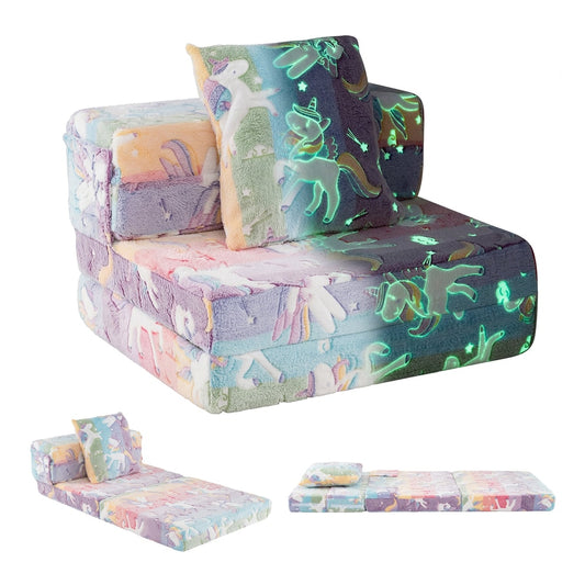 Glow In the Dark Kids Couch with colourful unicorn print, shown unfolded and folded