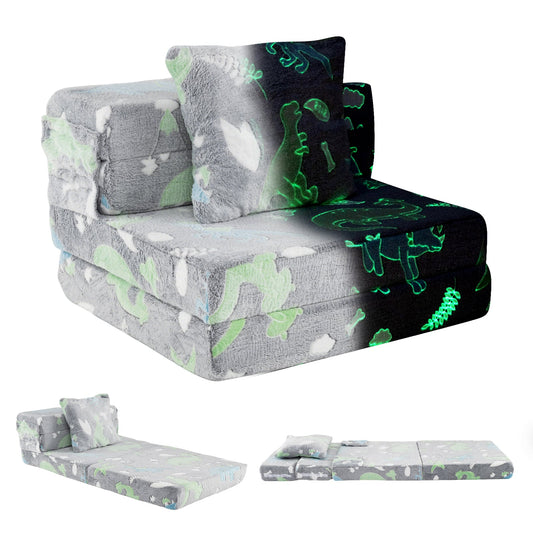 Glow In the Dark Kids Couch shown in folded and extended positions with dinosaur patterns