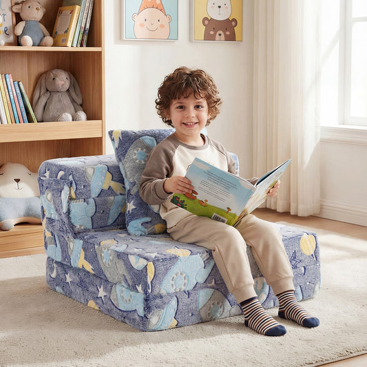 The navy kids seating folded as a sofa with a child sitting reading a book