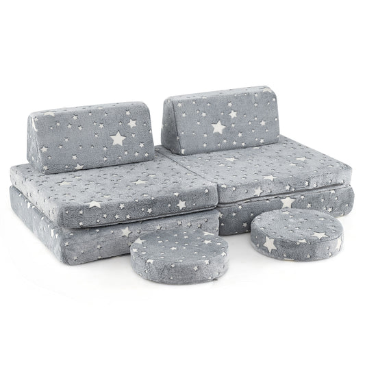 Glow in the Dark Modular Kids Play Couch Set in grey with white stars scattered across the fabric