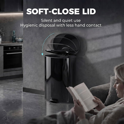 HOMCOM 50L Kitchen Pedal Bin, Rubbish Bin with Soft-Close and Stay-Open Lid, Removable Inner Bucket, Black