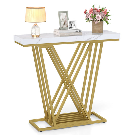 Gold Console Table with a white faux marble top and gold geometric legs
