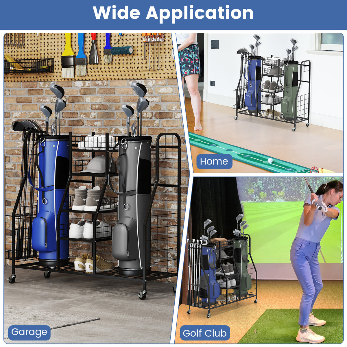 The golf equipment rack shown in three different settings including a garage, home, and golf club