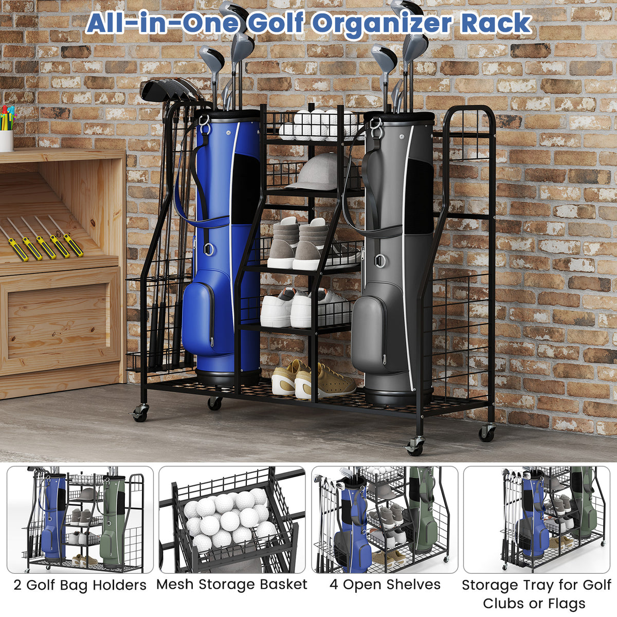 The golf equipment rack with small insets highlighting the storage features and bag holders