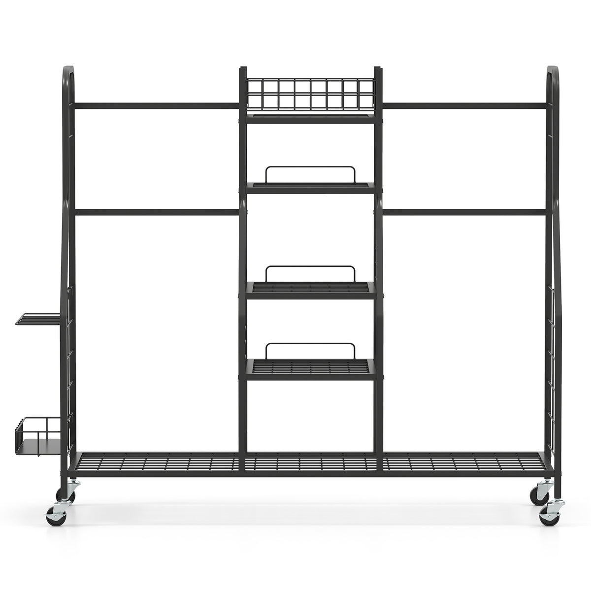 The empty golf equipment rack showing the metal frame and wire shelving structure