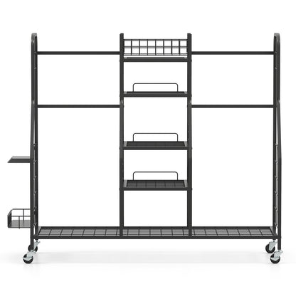 The empty golf equipment rack showing the metal frame and wire shelving structure