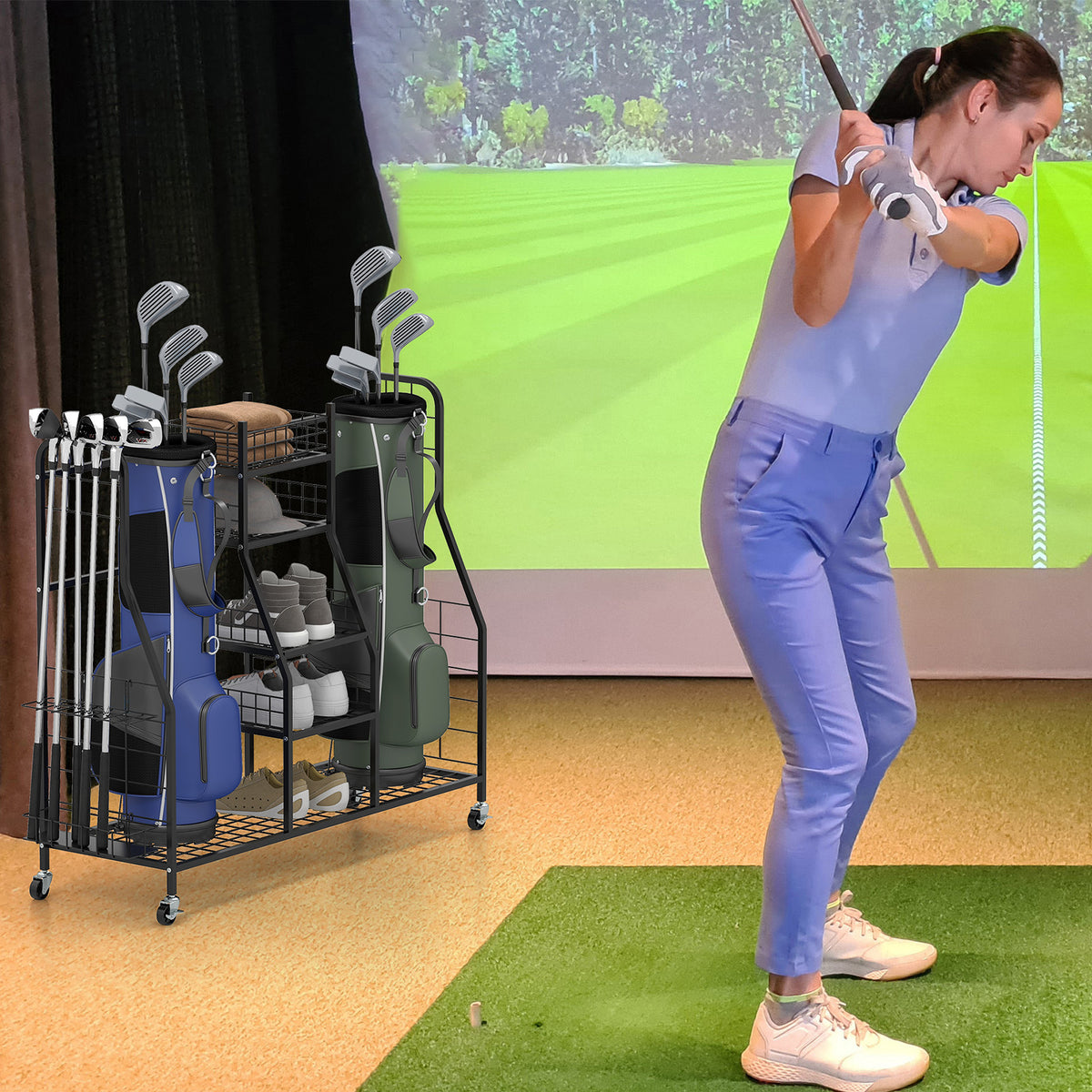 The golf equipment rack standing beside a woman practicing her swing on an indoor golf simulator