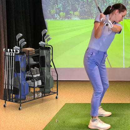 The golf equipment rack standing beside a woman practicing her swing on an indoor golf simulator