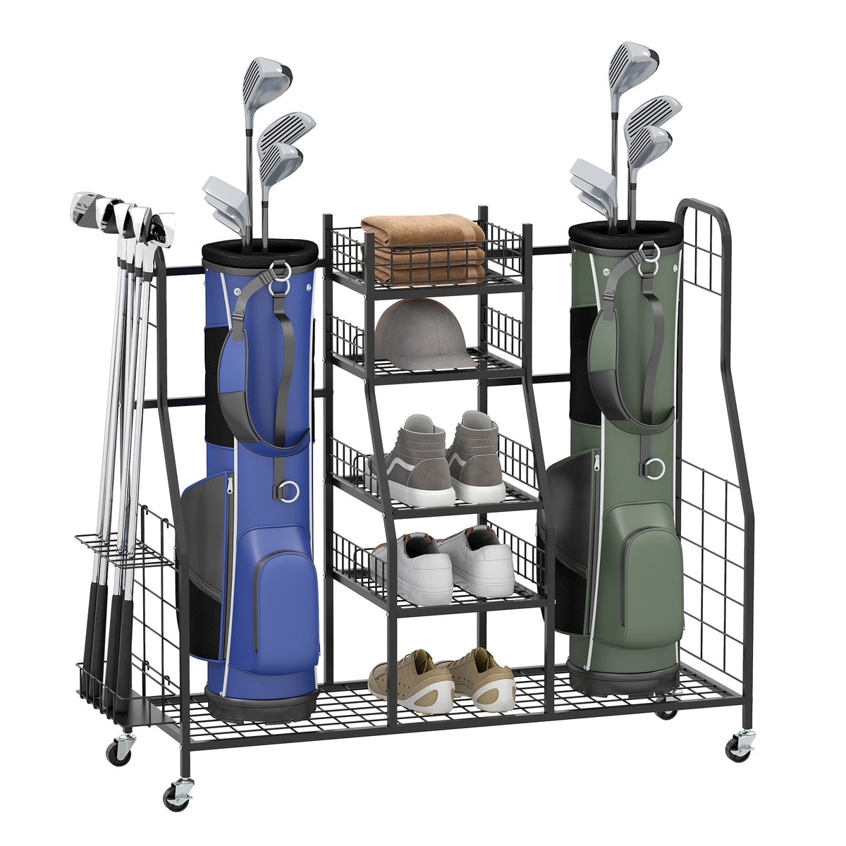 Golf Bag Storage Organizer holding two golf bags, clubs, shoes, and accessories on a white background