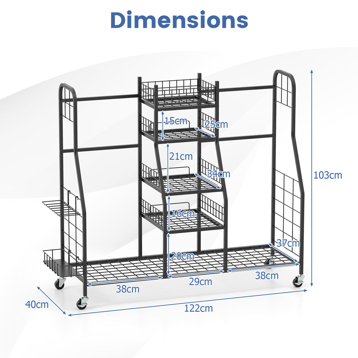 The golf equipment rack with blue dimension lines and measurements indicating its size