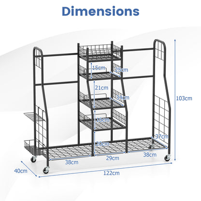 The golf equipment rack with blue dimension lines and measurements indicating its size