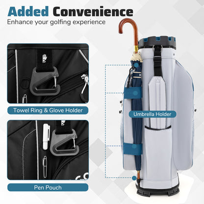 The golf bag displaying the umbrella holder and accessory clips