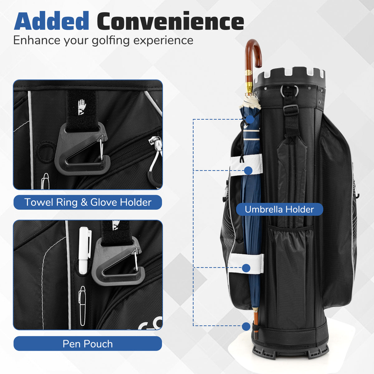 the golf bag displaying the umbrella holder and accessory attachments