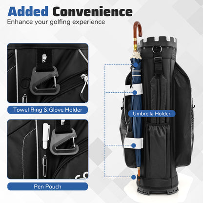 the golf bag displaying the umbrella holder and accessory attachments