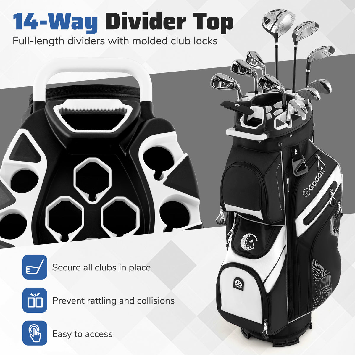 the golf bag highlighting the top divider section and club locks