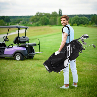 the golf bag carried over the shoulder by a man on a golf course